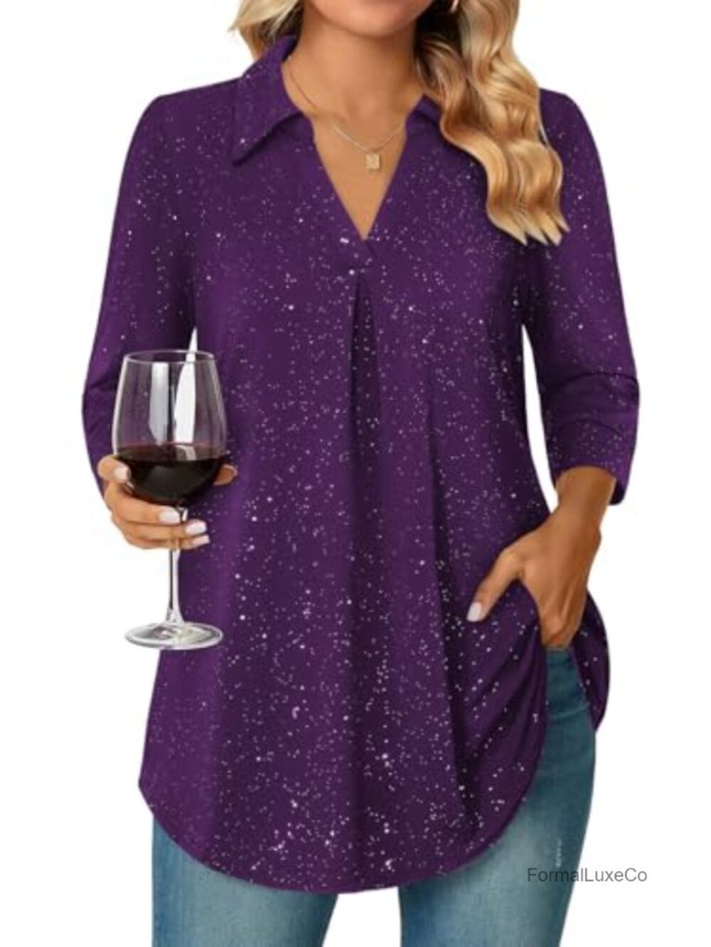 Women's Collared V-Neck 3/4 Sleeve Tunic Blouse Work Office Top